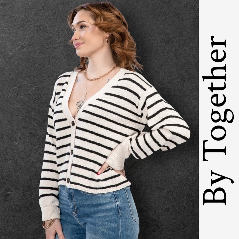 By Together Knit Sweater Striped Cardigan In Natural Black, Size S, MSRP‎ $70
